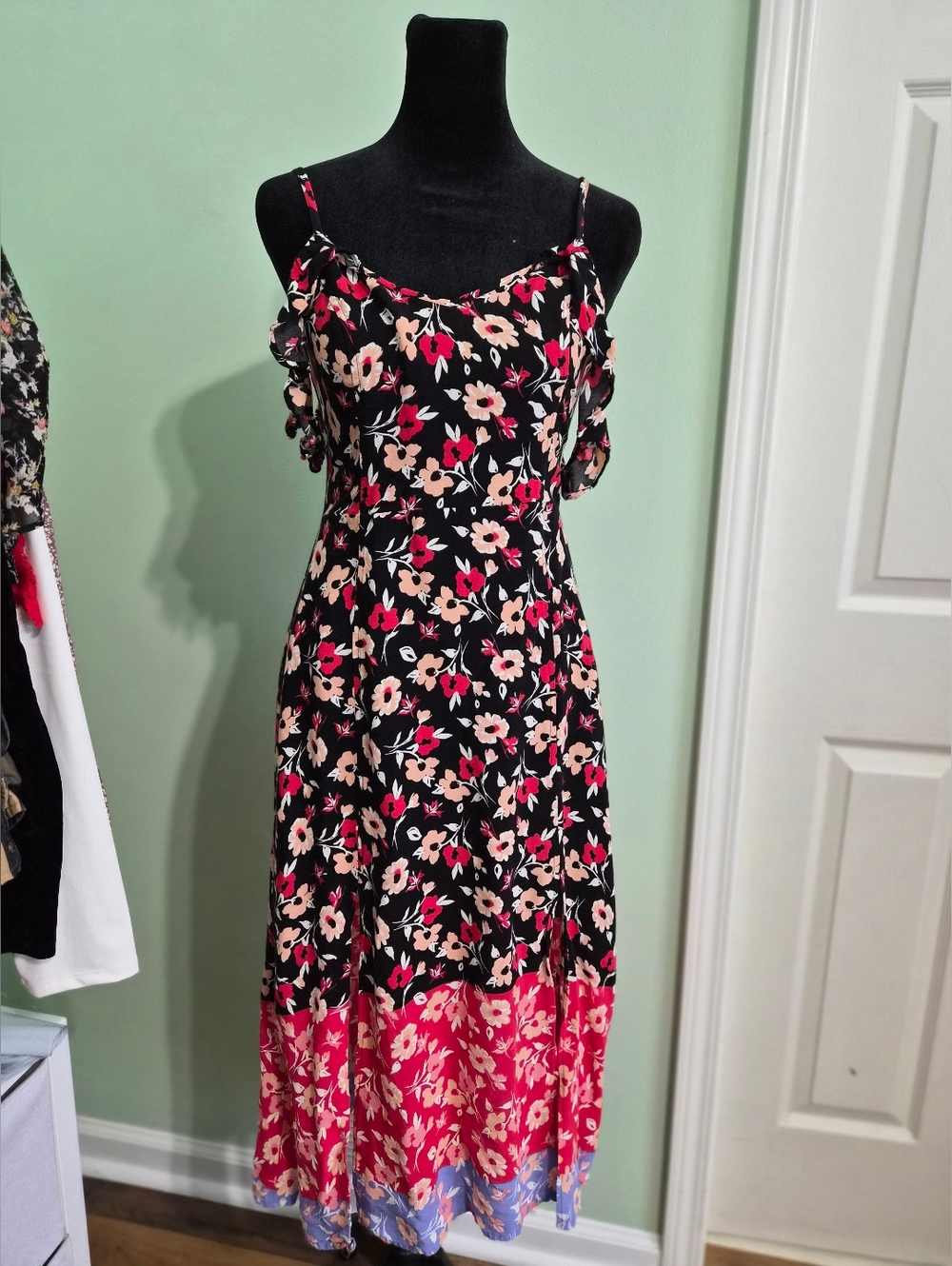 Express Black Floral Maxi Dress with Pink Contrast Hem